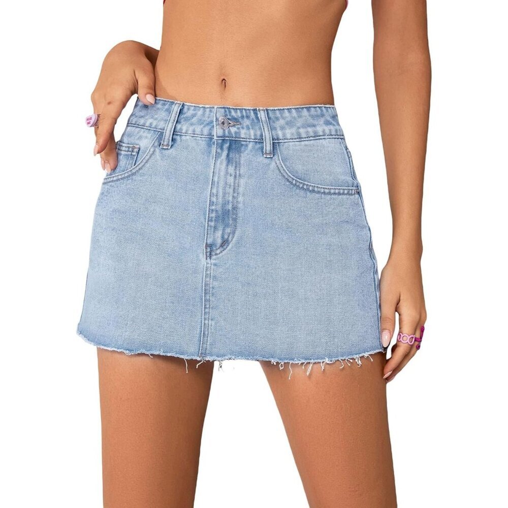 Womens Mini Denim Skirt Light Wash Blue High Stretch Cotton Blend Small